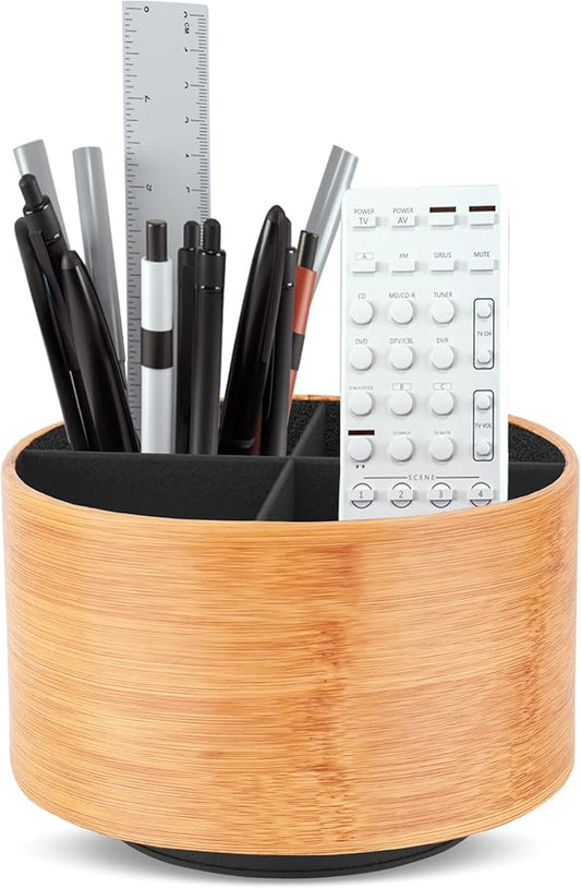 Hennaja Round Leather Art Supply Organizer,Remote Control Holder,360 Degree Spinning,Multi-Functional Pencil Holder,4 Compartments Desktop Stationary Organizer(1-Beige2)-NeatNest