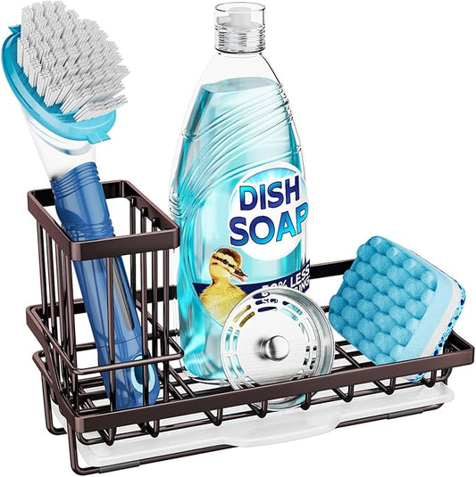 Consumest Sink Caddy Kitchen Organizer, Sponge Holder for Kitchen Sink with Removable Drip Tray for Countertop Dish Soap Holder Dispenser Brush Holder, 304 Stainless Steel - Bronze-NeatNest