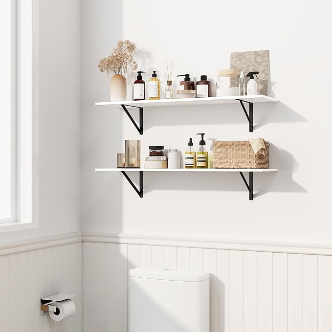 Fun Memories Deep Floating Shelves for Wall, 24W x 8D Wall Mounted Shelves Set of 2, Wide Display Ledge Shelf with Sturdy Metal Brackets for Living Room, Bathroom, Bedroom and Kitchen, White-NeatNest