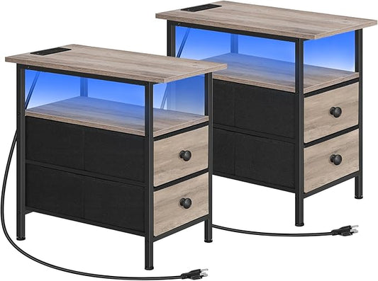 HOOBRO Narrow Side Table Set 2 with LED Light and USB C Port, Night Stand with Charging Station, Skinny End Table with 2 Fabric Drawers, for Bedroom, Living Room, Greige and Black BG486UDBZP201