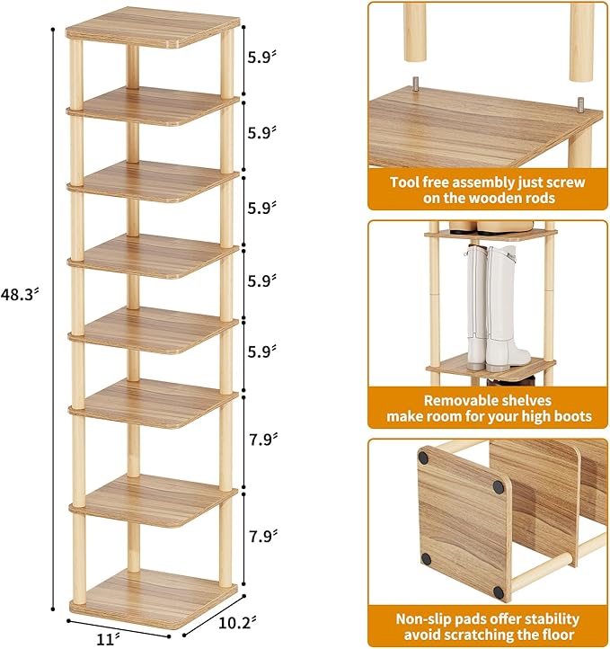 LUCKNOCK Vertical Shoe Rack, 8-Tier Tall Narrow Shoe Organizer for Entryway, Closet, Dorm & Small Spaces, Freestanding Wooden Shoe Shelf Tower for Boots, Sneakers, Heels. (Walnut)-NeatNest