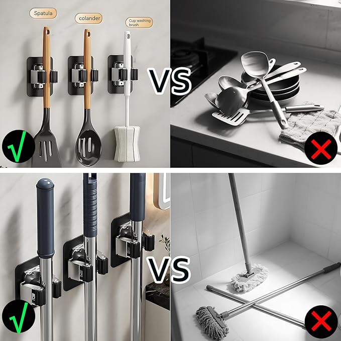 3 Pack Broom Holder Wall Mount & Mop Wall Mount Organizer, No Drilling Self-Adhesive Anti-Slip Grippers for Kitchen Laundry Garden,Black