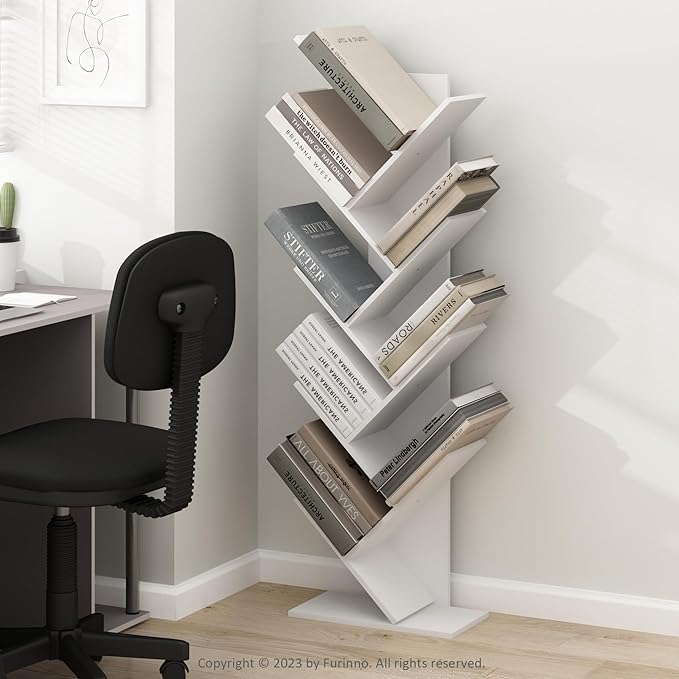 Furinno Tree Bookshelf 9-Tier Floor Standing Tree Bookcase, White-NeatNest