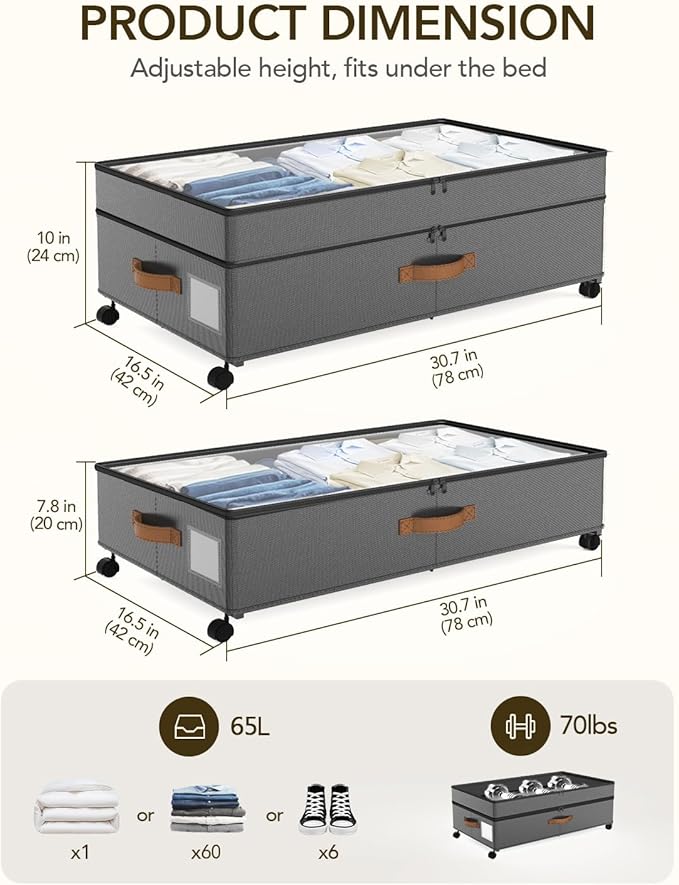 4 Pack Under Bed Storage with Wheels, Adjustable Height Storage Containers, 10 inches Large Capacity Rolling Underbed with Lids, Storage Drawers Shoes, Clothes, Blankets, Grey-NeatNest
