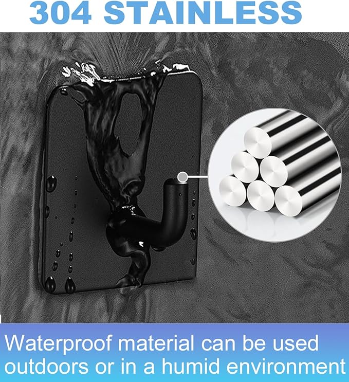 14 Pcs Towel Hooks with Removable Strips for Hanging, Adhesive Wall Heavy Duty, Outdoor No Damage, Sticky Hook for Bathrooms, Shower, Stockings, Decor, Robe, Small, Black 304 Stainless Steel