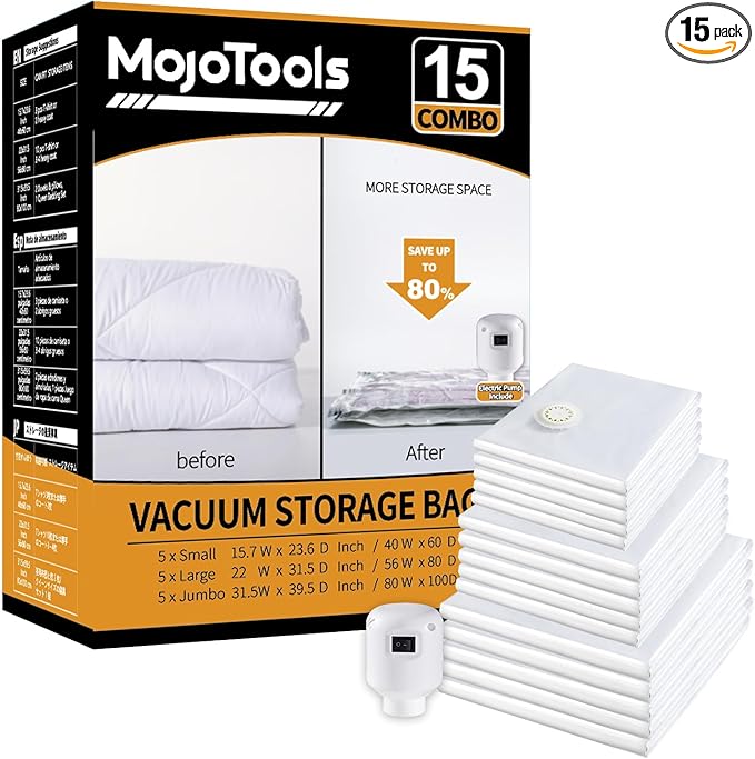 Vacuum Storage Bags with Electric Air Pump, 15 Pack (5 Jumbo, 5 Large, 5 Medium) Space Saver Bag, Space Saver Bag, Vacuum Sealer Bags for Clothes, Blanket, Duvets, Pillows, Comforters,Travel-NeatNest