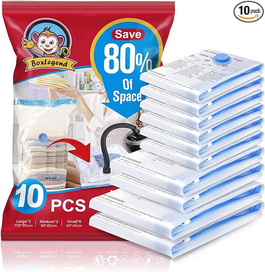 BoxLegend Vacuum Storage Bags 10 Combo Vacuum Pack Bags Space Saving Double Zipper Seal & Leak Valve Reusable for Clothes Pillow Comforters Bedding,2XL, 2L, 6S, 1 Large Pump-NeatNest