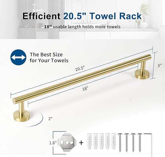 Brushed Gold Towel Bar, 18 Inch Towel Racks for Bathroom Wall Mounted, Thicken SUS304 Stainless Steel Heavy Duty Hand Towel Holder Organizer, Bathroom Accessories, Total Length 20.5 Inch-NeatNest