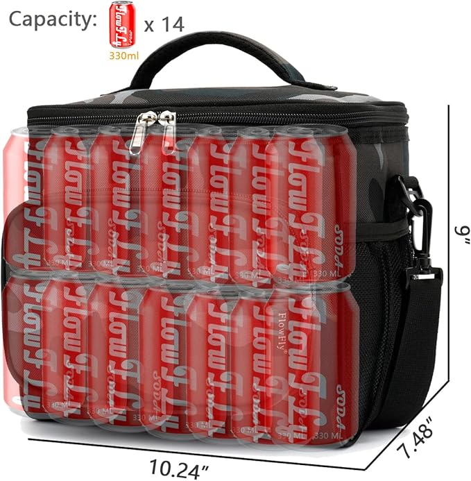 FlowFly Insulated Reusable Lunch Bag Adult Large Lunch Box for Women and Men with Adjustable Shoulder Strap,Front Zipper Pocket and Dual Large Mesh Side Pockets,BlackCamo-NeatNest