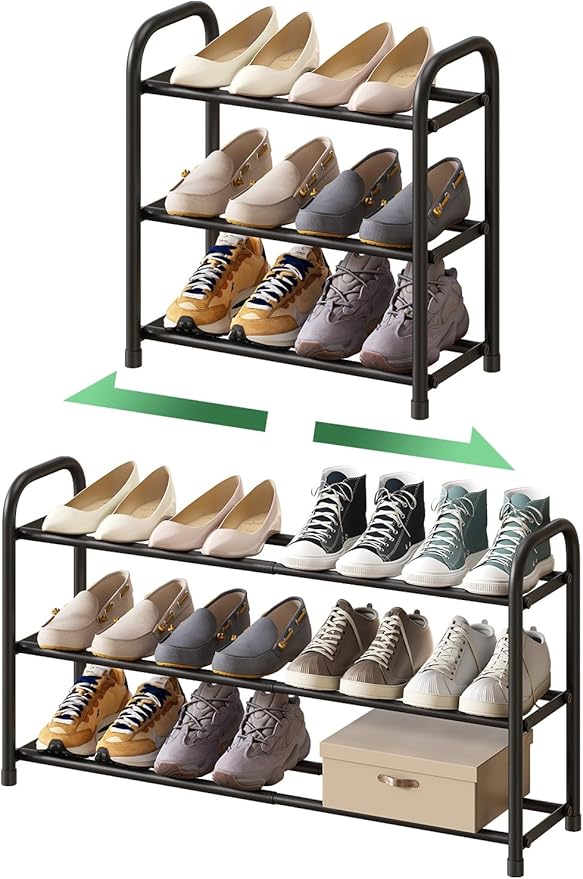 Shoe Rack for Closet, 3-Tier Expandable Shoe Organizer, Metal Adjustable Black Shoe Shelf Storage Organizer, Free Standing Shoe Rack for Entryway Closet Doorway-NeatNest