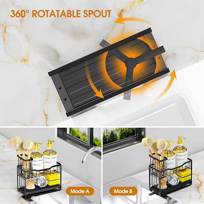 2-Tier Kitchen Sink Caddy with High Brush Holder&Self-Draining Tray,Rustproof&Non-Slip Sink Sponge Holder,Kitchen Countertop Storage Organizer,Soap Dispenser Storage - Black-NeatNest