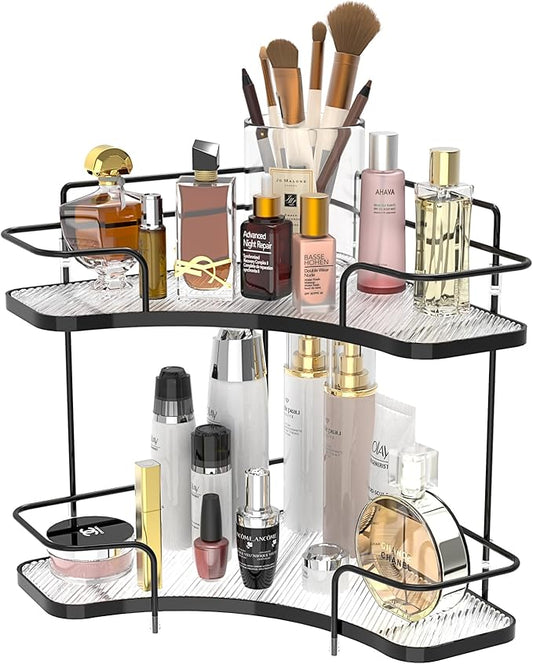 FOLLOWIN 2 Tier Bathroom Countertop Corner Organizer,Countertop Perfume Tray,Vanity Counter Shelf,Skincare Makeup Cosmetic Vanity Organizers,Elegant Black-NeatNest