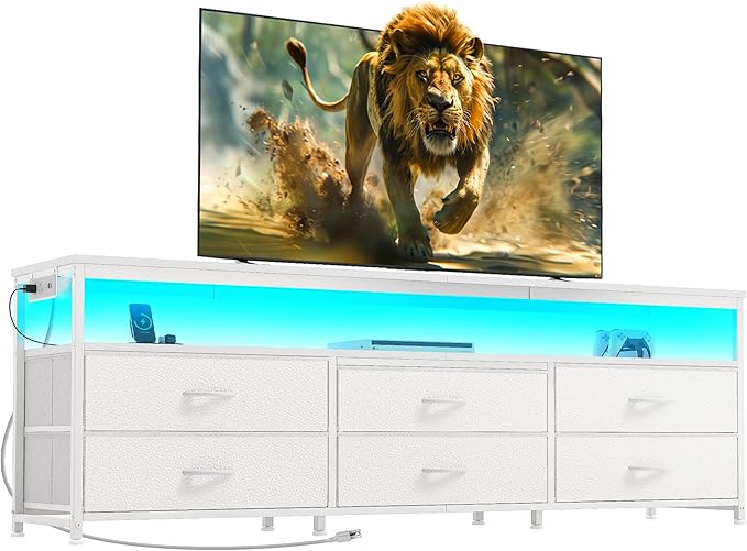 Huuger 63 Inch TV Stand for 55, 65, 70 Inch TV, Long Dresser TV Stand for Bedroom, White LED TV Stand with Power Outlets, Fabric Drawer Dresser with Storage, Entertainment Center for Living Room-NeatNest