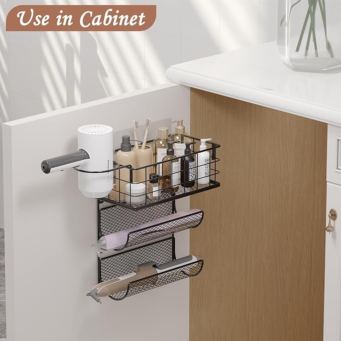 4 tiers Hair Dryer Holder Styling Tool Organizer Wall-Mounted Storage Wire Basket with Hook Heat Safe Rack for Hair-Straighteners,Curling Wands,Flat Iron,Perfume,Cabinet Door Bathroom