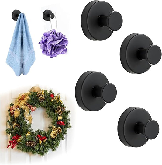 Suction Cup Hooks for Wreaths on Glass, 2026 NEW No Drill Suction Cup Hooks for Shower Towels, Strong Suction Cup Wreath Hanger Holder for Front Door Glass Window Mirror Bathroom Wall (4, Black)