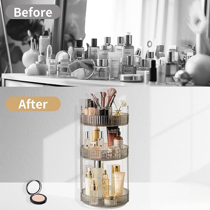 360 Rotating Makeup Organizer,3 Tier Large Capacity Make Up Organizers and Storage,Skincare Perfume Vanity Organizers,Bathroom Cosmetics Storage Organizer Countertop(Grey)-NeatNest