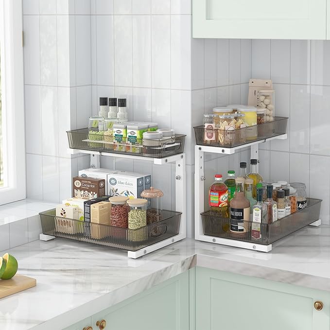 ADRIMER Under Sink Organizer 2 Packs, Pull Out Kitchen Sink Organizer, 2 Tier Slide Out Kitchen Organizers and Storage Bathroom Under Cabinet Storage Shelf, Grey & White-NeatNest