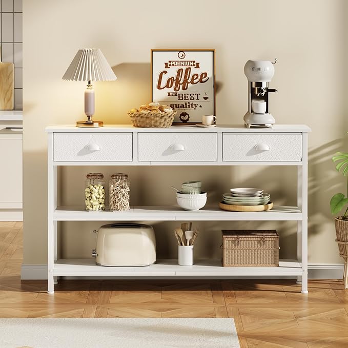 Furologee White Long 47" Console Sofa Table with 3 Drawers, Entryway Table with 3-Tier Storage Shelves, Display Shelf for Entry Way, Hallway, Couch, Living Room, Kitchen, Foyer-NeatNest