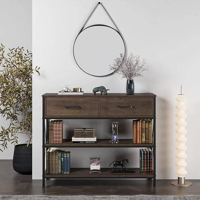 HITHOS Industrial Console Table with Drawers, Vintage Hallway Foyer Table with Storage Shelves, Narrow Long Sofa Entryway Table for Living Room, Dark Brown-NeatNest