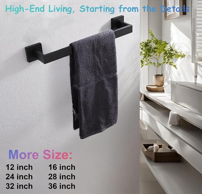 16 Inch Towel Bar for Bathroom 12/16/24/28/32/36 Inch Kitchen Towel Holder Matte Black Towel Rod Wall Mounted SUS304 Rustproof Towel Rack Modern Square Design (1, Matte Black, 16 Inch)