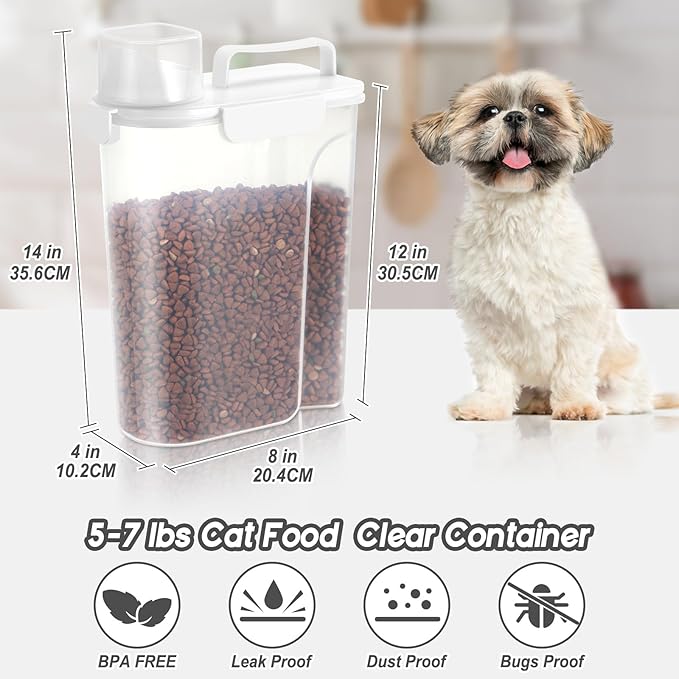 5-7Lbs Dog Cat Food Storage Container with Upgraded Large Nozzle BPA-free, 4 Snap Seals Plastic Pet Food Storage Containers with Handles (1, White, 5L)-NeatNest