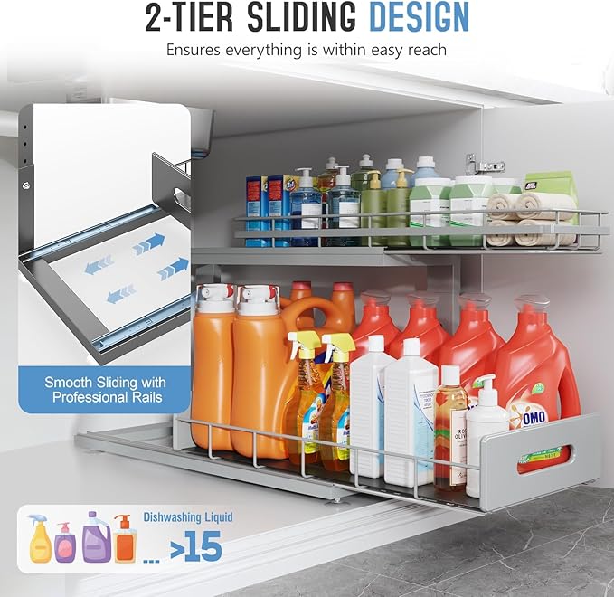 2 Pack 21 in Depth Pull Out Cabinet Storage with Smooth Rails,2-Tier Dual Pull Out Cabinet Storage for Bathroom Kitchen,Under Sink Shelf-Gun Gray-NeatNest