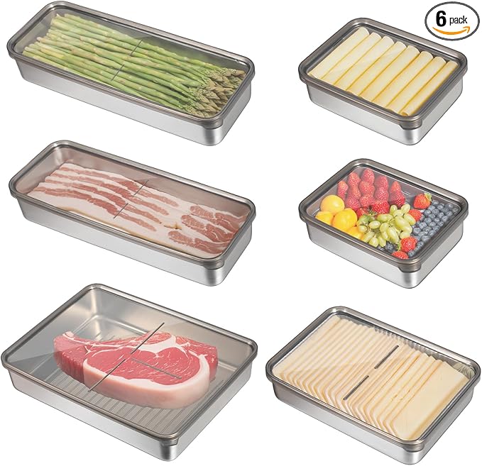 6 Pack Bacon Cheese Container for Refrigerator, 304 Stainless Steel Airtight Deli Meat Storage with Lids for Fridge, Dishwasher Safe Food Organizer for Lunch Meat Vegetables Fruits in 4 Sizes