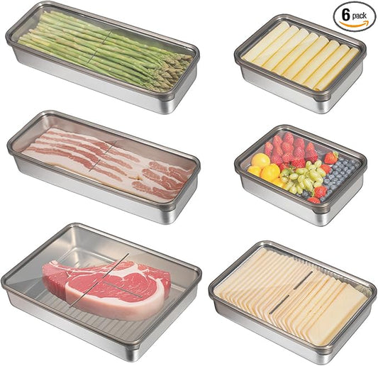 6 Pack Bacon Cheese Container for Refrigerator, 304 Stainless Steel Airtight Deli Meat Storage with Lids for Fridge, Dishwasher Safe Food Organizer for Lunch Meat Vegetables Fruits in 4 Sizes