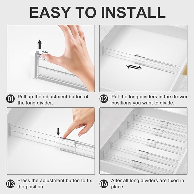 HiYZ Expandable Drawer Dividers - 12.6-22.8'' Adjustable Drawers Organizers for Kitchen Utensils, Drawer Separators in Bedroom, Dresser, Office, Bathroom, Fridge, 12 Pack Long Dividers-Clear-NeatNest