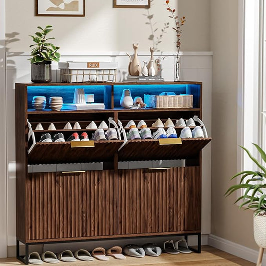 VINGLI Fluted Shoe Cabinet Storage for Entryway,Hidden Shoes Storage Cabinet with 4 Flip Drawers, Mid Century Modern Shoe Rack with LED Light,Shoes Organizer with Cubby for Hallway(Dark Walnut)-NeatNest