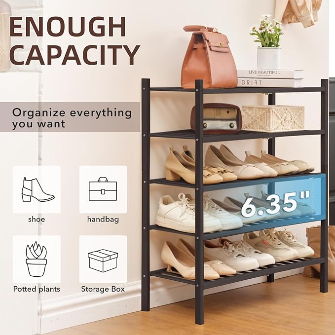 5 Tier Bamboo Shoe Rack Storage Organizer for Closet, Multifunctional Stackable Free Standing Shoe Shelf Organizer for Small Space,Entryway, Hallway, Bathroom27 x11 x32 (Brown, 5 Tier)-NeatNest