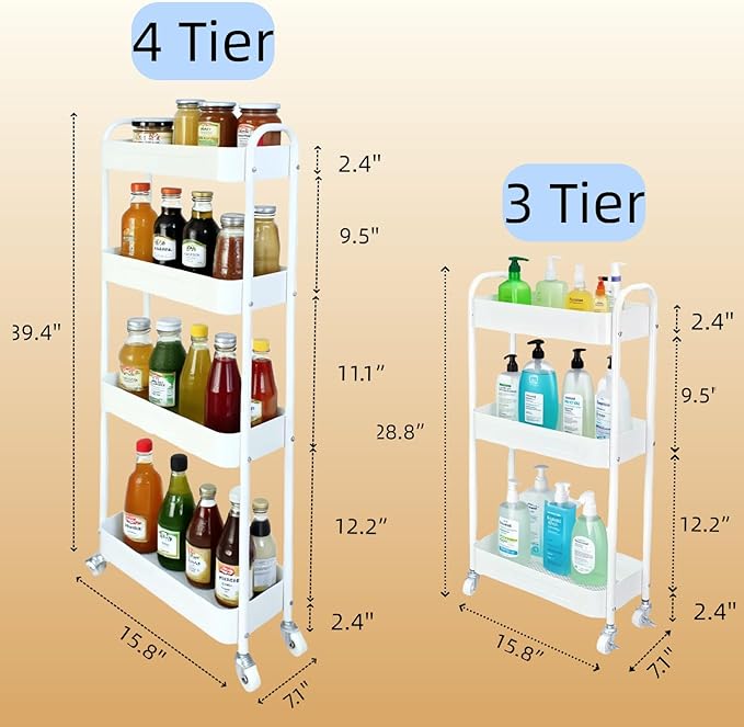 4 Tier Slim Kitchen Storage Cart for Narrow Space, 7.1'' Wide Metal Rolling cart with Wheels and Lockable Casters, Sturdy Mobile Thin Shelf for Laundry Room Between Washer and Dryer, White