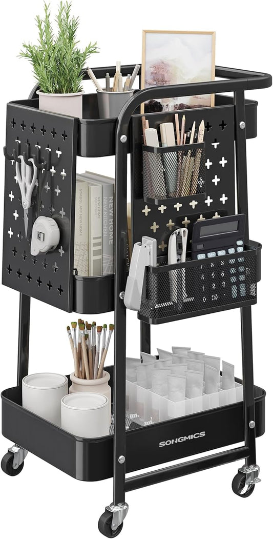 SONGMICS 3-Tier Storage Cart, Rolling Utility Cart, Metal Mesh Shelves, 2 Removable Pegboards, 2 Hanging Holders, 4 Hooks, Craft Cart for Living Room, Kitchen, Office, Bathroom, Ink Black ULRC037B01