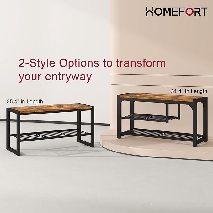 HOMEFORT Shoe Bench,3 Tiers Shoe Rack Bench,31.5" Shoe Storage Bench for Entryway, Retro Industrial Entry Bench with Mesh Shelves and Boot Storage,for Front Door Entrance, Rustic Brown