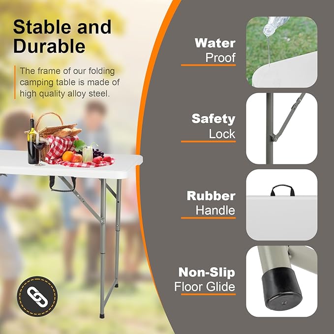 Generic 4ft Portable Folding Table, Plastic Table w/ 4 Adjustable Heights, Indoor Outdoor Heavy Duty Fold-in-Half Utility Table w/Carry Handle 300LBS, White-NeatNest