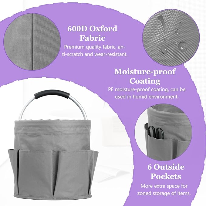 2Pcs Cleaning Caddy with Handle and 6 Pockets, 17L Foldable Cleaning Supply Caddy, Portable Shower Caddy in 600D Oxford Fabric, Multifunctional Storage Basket for Camping, Garden, Dark Gray-NeatNest
