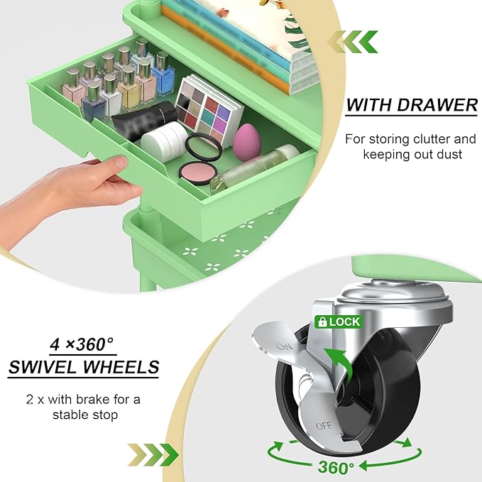 Goovilla 4 Tier Rolling Utility Cart Organizer with Removable Drawer, Stable and Sturdy Green Rolling Storage Carts with 2 Lockable Wheels for Bathroom, Kitchen, Snack, Craft, Makeup, Baby Essentials