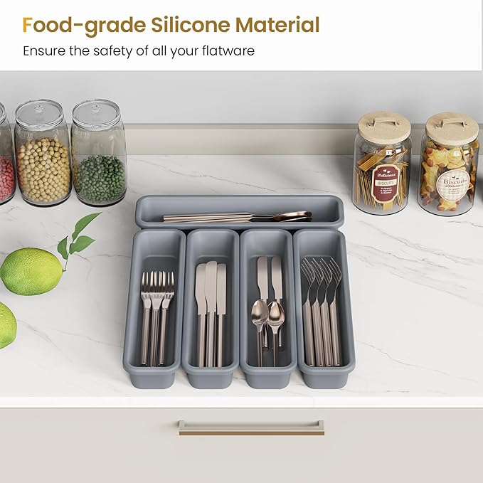 5 Pack Silicone Drawer Organizer for Kitchen, DIY Free Combination Silverware Organizer, Utensil Drawer Organizer, Moisture-proof and Heat-resistant up to 200°C, Anti-slip and Environmentally (Grey)-NeatNest