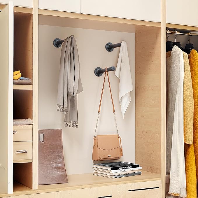 Cast Iron Wall Mounted Clothes Rack, Heavy Duty Industrial Pipe Clothing Rack for Hanging Clothes, Garment Racks for Wardrobe Organizers and Storage, DIY Closet Rods Closet Bar (Black 2 Pack, 8 in)-NeatNest