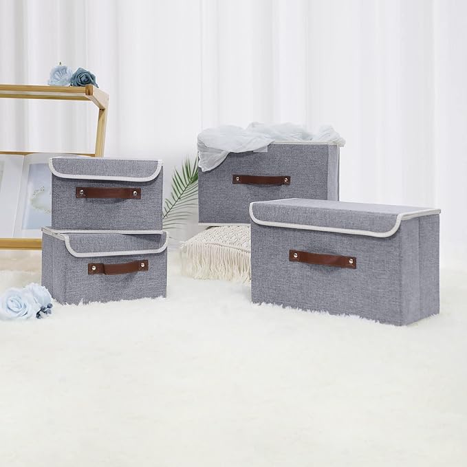 ANMINY 2PCS Storage Bins with Lid PU Leather Handles Storage Boxes PP Plastic Board Decorative Foldable Lidded Cotton Linen Fabric Home Cubes Baskets Closet Organizer Containers - Gray, Small Size-NeatNest