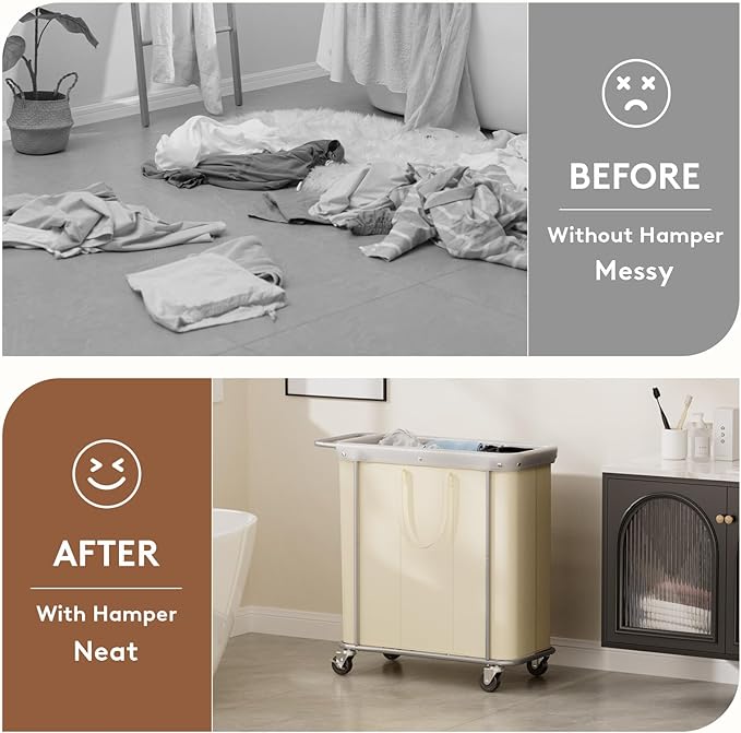 Lifewit 200L Large Laundry Basket with Wheels, Tall 3 Section Laundry Hamper Organizer, Rolling Laundry Cart with Steel Frame & Removable Bag for Luandry Room Bathroom Bedroom, White