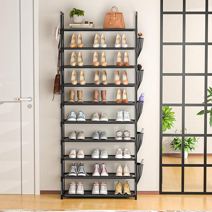 Tall Shoe Rack 10 Tier Shoe Organizer Racks for Closet Shoes Rack, Storage Metal Shoe Shelf with 5Hooks and Pocket,Sturdy Shoe Stand Tower Rack for Shoes-NeatNest