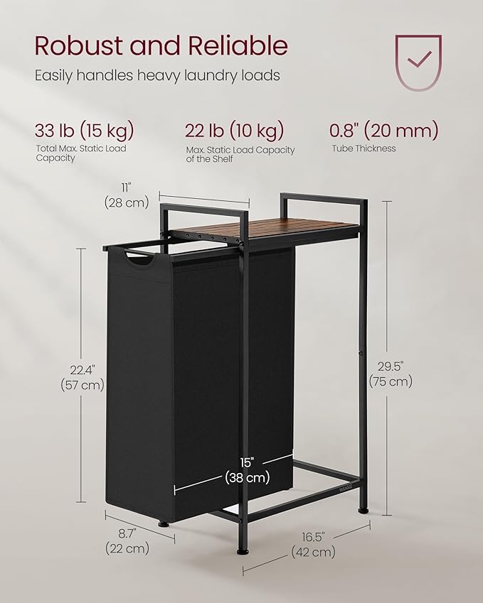 VASAGLE Laundry Hamper, Laundry Basket, Laundry Sorter with a Pull-Out and Removable Bag, Shelf, Metal Frame, 12.4 Gallons (47 L), 16.5 x 11 x 29.5 Inches, Ink Black and Rustic Brown UBLH001B01-NeatNest