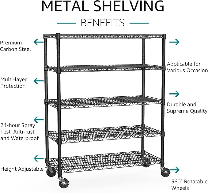 IZEUK Garage Shelving Wide Storage Shelves 5 Tier Metal Shelves Heavy Duty Adjustable Utility Shelf Rack Black 23.6" D x 53.1" W x 73.6" H-NeatNest