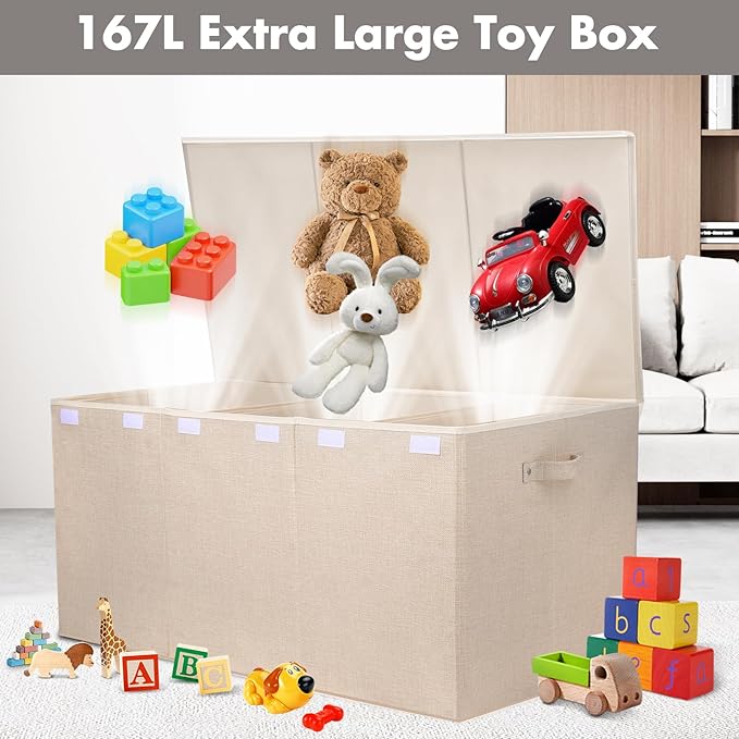 Extra Large Toy Box 167L, Sturdy Toy Storage Chest Organizer Bin Baskets with 2 Removable Divider for Boys, Girls, Kids, Nursery, Bedroom, Playroom, 35.5"x17" x17" (Linen Beige)-NeatNest