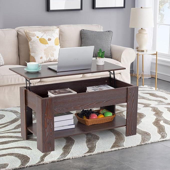 FDW Lift Top Coffee Table with Hidden Compartment and Storage Shelf Wooden Lift Tabletop for Home Living Room Reception Room Office,39.4inch,Espresso