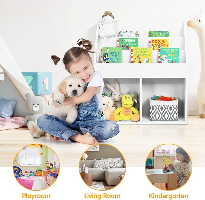 Costzon Kids Bookshelf, Wooden Toy Storage Cabinet Organizer w/Shelves, 2 Large Cubes & Anti-Tipping Devices, Children Bookcase Display Sling Book Rack for Kids Room, Nursery, Kindergarten (White)-NeatNest