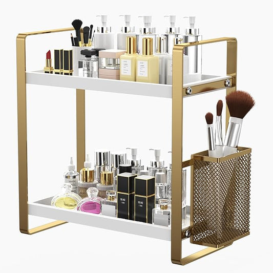 Bathroom Counter Organizer, Wood Vanity Trays with Basket, Skincare Countertop Organizers, Large Capacity Makeup and Perfume Organizer-NeatNest