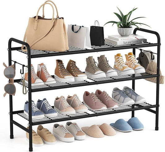 3 Tier Shoe Rack 33" Wide Metal Shoe Organizer Long Shoe Storage with 4 Side Hooks Sturdy Shoes Shelf for Front Door Entrance, Closet, Garage, Dorm, Black-NeatNest