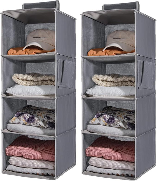 2-Pack Hanging Organizer, 4-Shelf Closet Shelves With Side Pockets, Grey-NeatNest